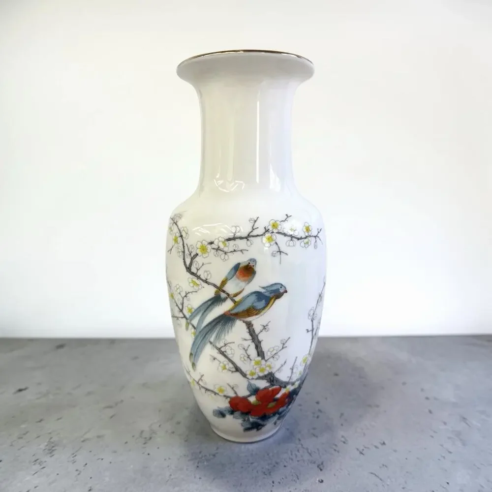Vintage JAY White Porcelain Vase Fine China Handpainted Birds Gold Trim Japan